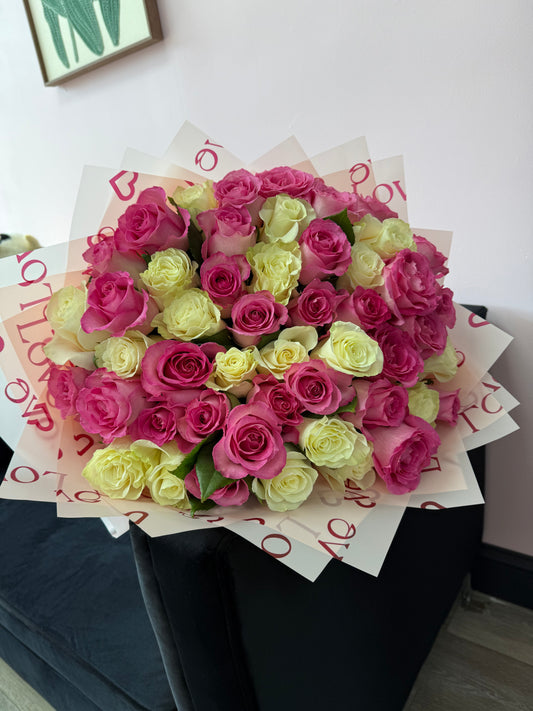 Pink and white bouquet of Roses
